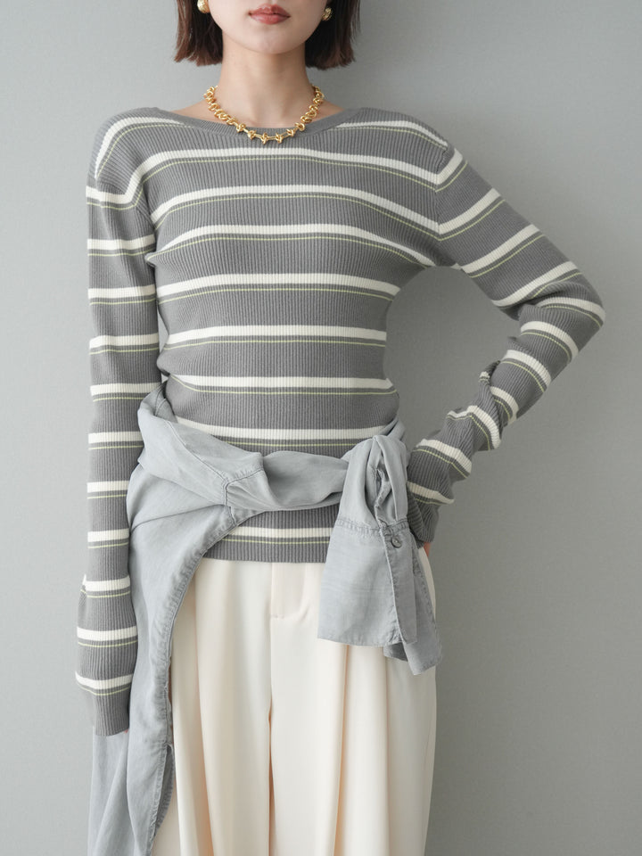 [予約]バックオープンテレコリブマルチボーダートップス/gray