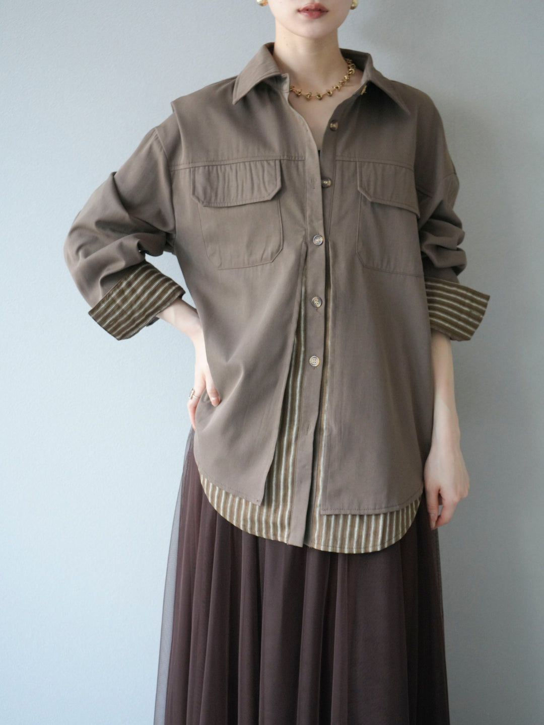 [予約]ストライプレイヤードシャツ/ブラウン