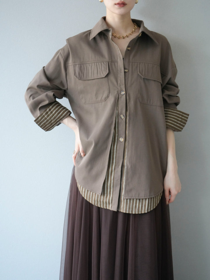 [予約]ストライプレイヤードシャツ/ブラウン