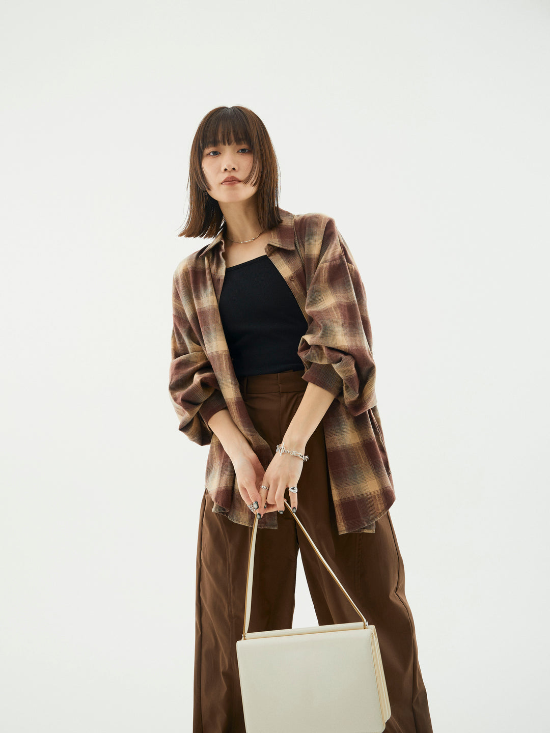 【Allure】[SET]オンブレチェックオーバーシャツ+タフタワイドカーブパンツ(2set)