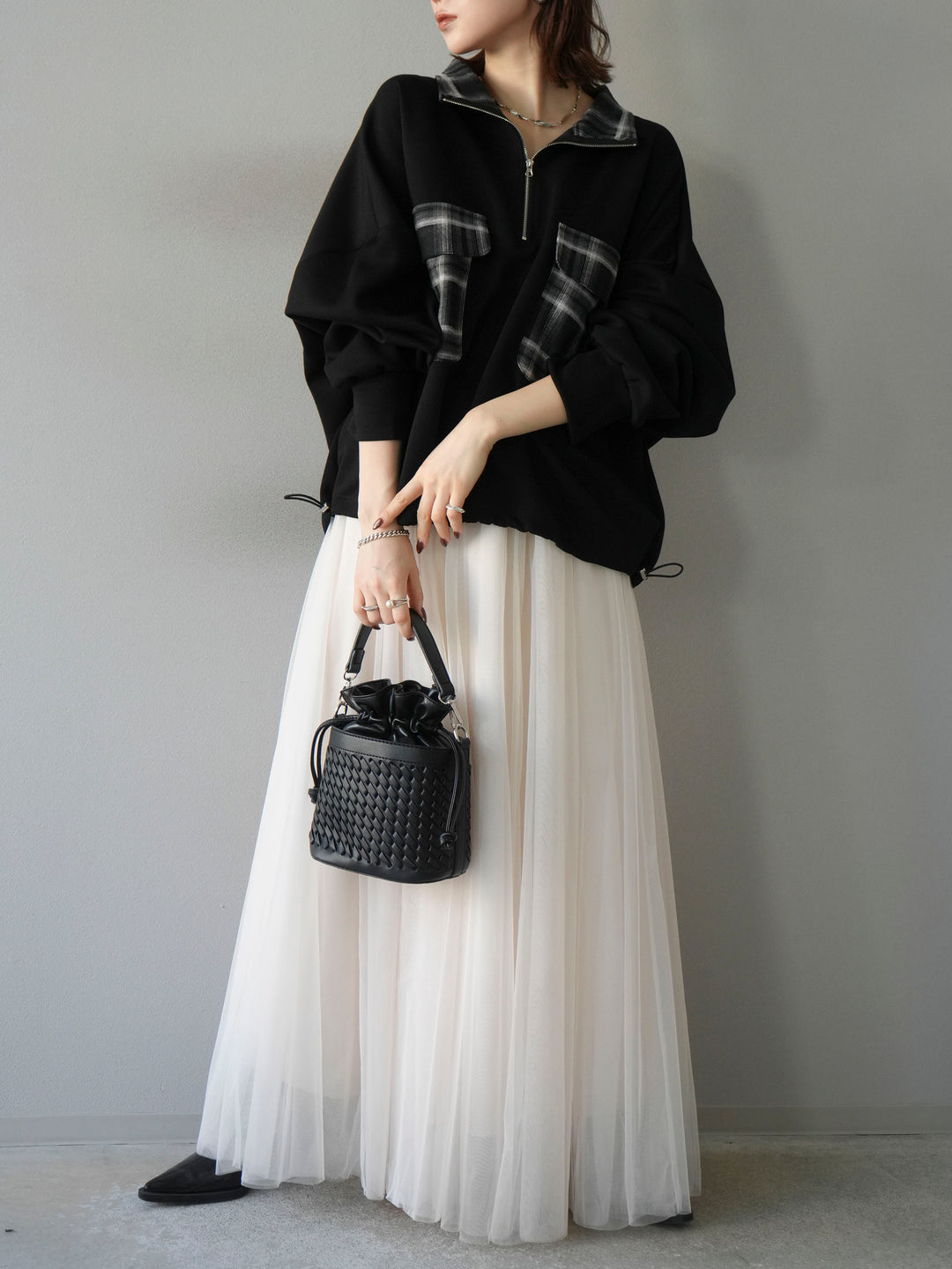 [予約]チェックポイントドロストポンチプルオーバー/ブラック