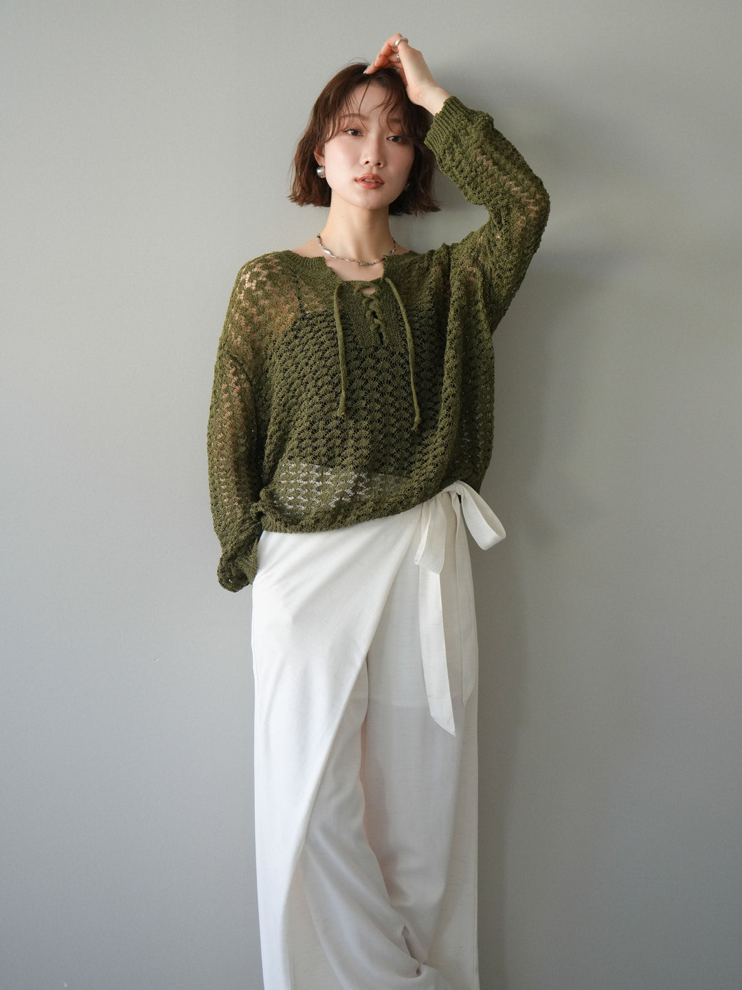 [予約]パネルメッシュニットトップス/khaki