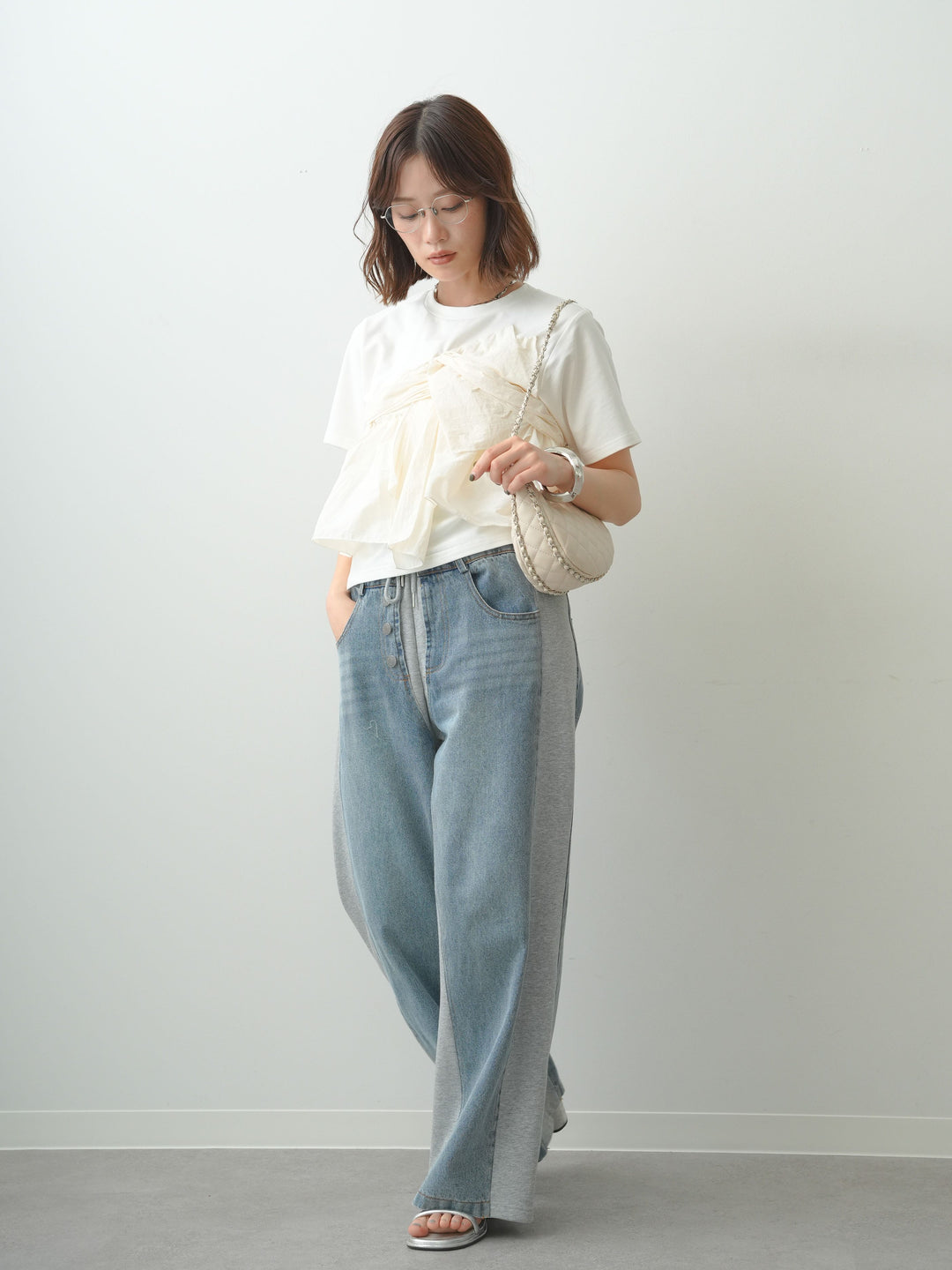[SET]ナイロンドッキングツイストTEE +デニム切替スウェットパンツ(2set)