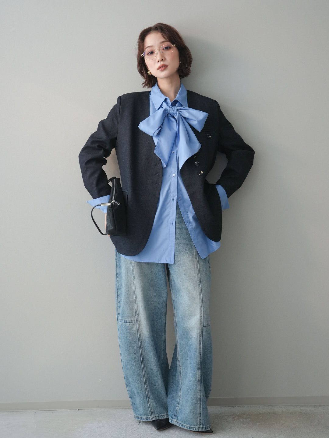 [SET]ノーカラージャケット+ガーメントウォッシュカーブデニムパンツ(2set)