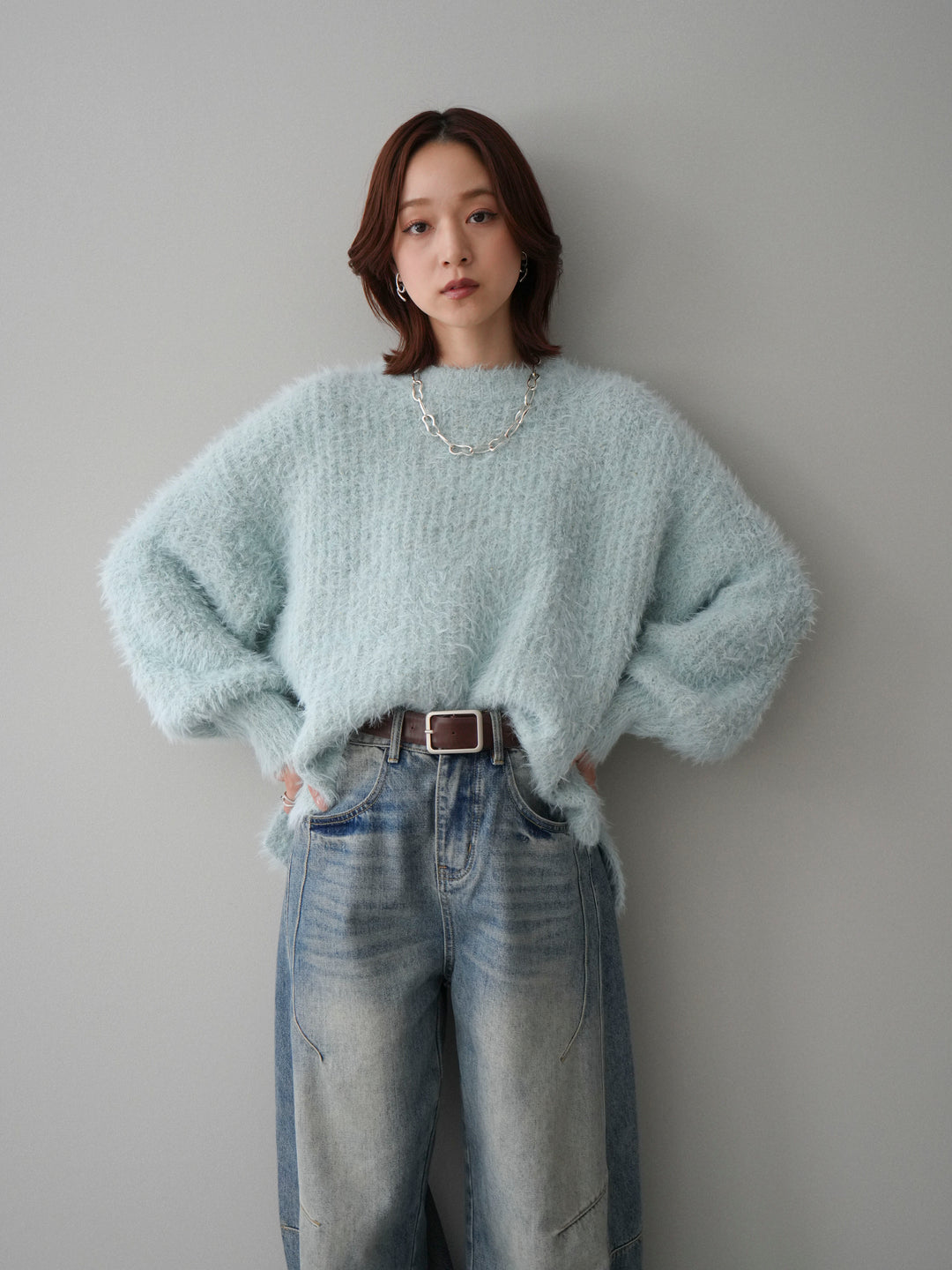 [SET]ボリュームスリーブシャギー MIXニットプルオーバー+ベルト付カーブデニムパンツ(2set)