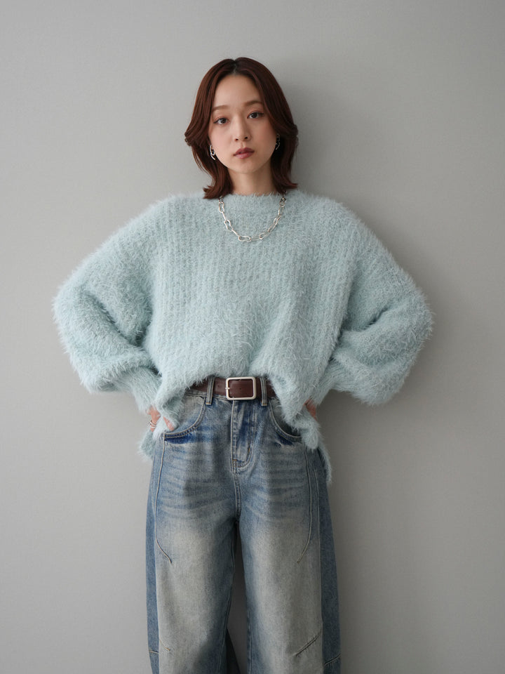 [SET]ボリュームスリーブシャギー MIXニットプルオーバー+ベルト付カーブデニムパンツ(2set)