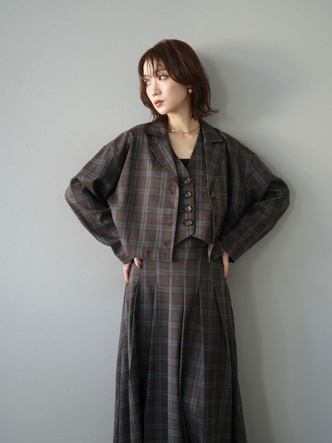 [SET]チェック柄ショートジャケット+チェック柄ベスト+チェック柄タックフレアスカート(3set)