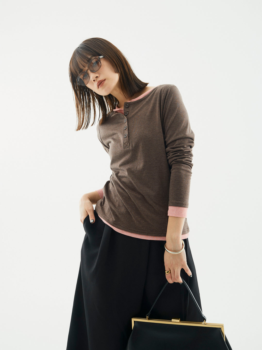 【Allure】[SET]配色レイヤードヘンリーネックトップス+配色レイヤードヘンリーネックトップス(2set)