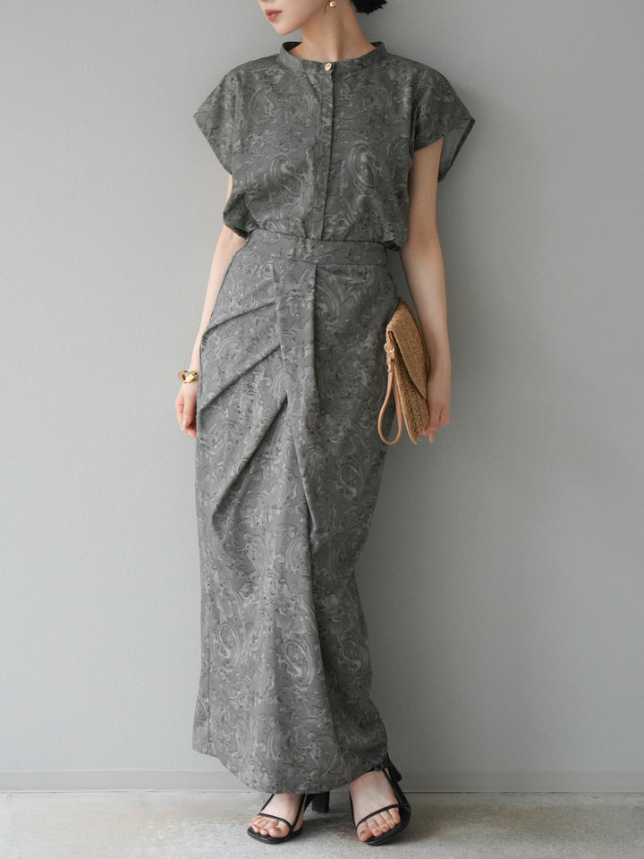 [SET]ペイズリープリントゴールドボタンブラウス+ペイズリープリントタックIラインスカート(2set)