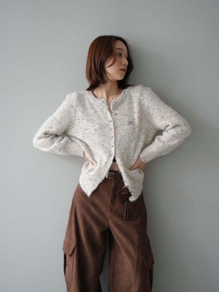 [予約]ブローチ付silverボタンミックスニットカーディガン/beige