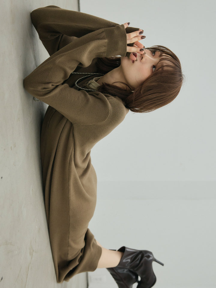 [予約]ヘンリーネックレイヤードニットワンピース/khaki