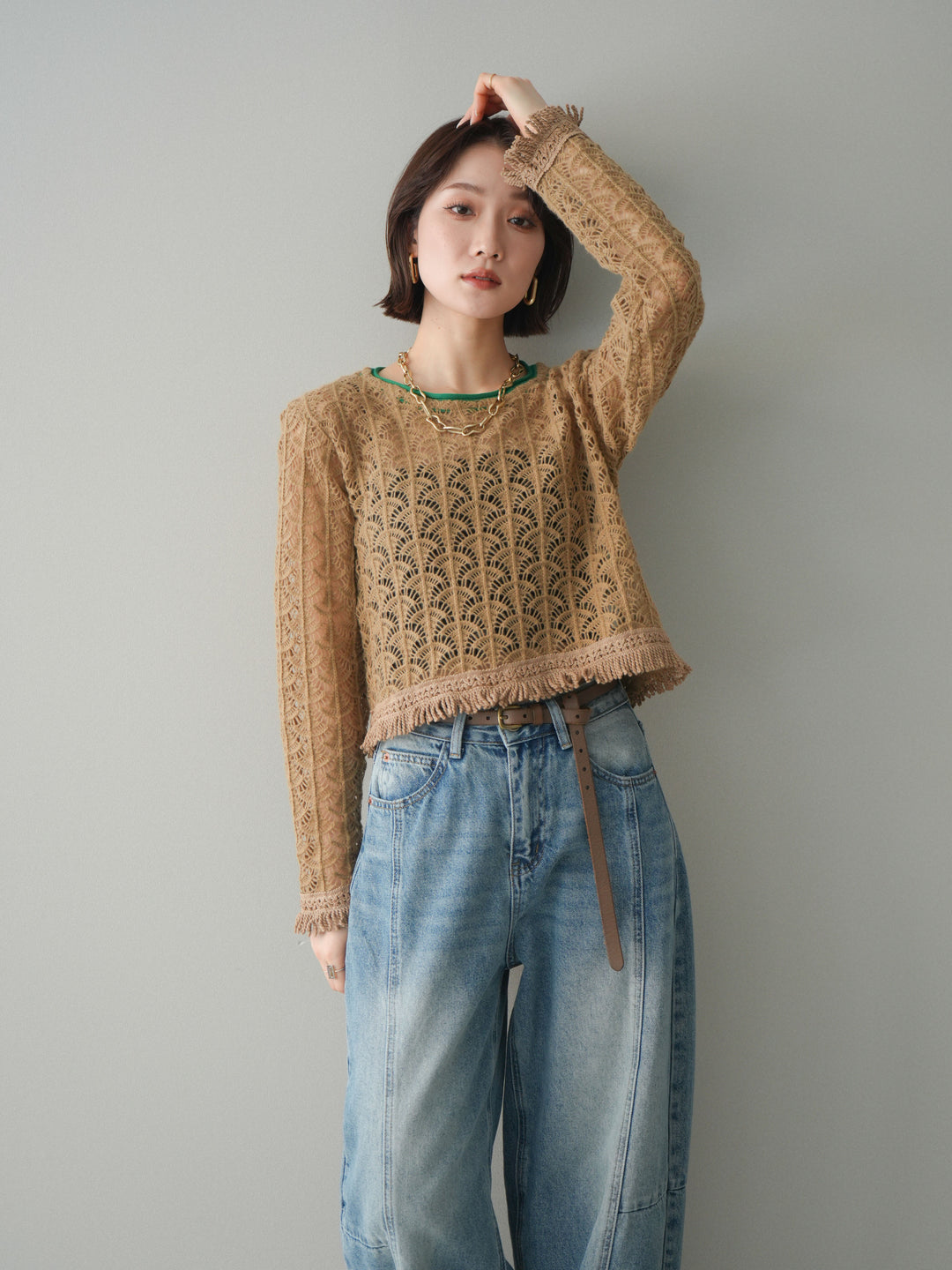 [予約]扇透かし編みクロップドニットプルオーバー/beige