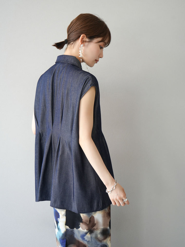 [Pre-order] Tencel denim waist tuck sleeveless blouse/indigo