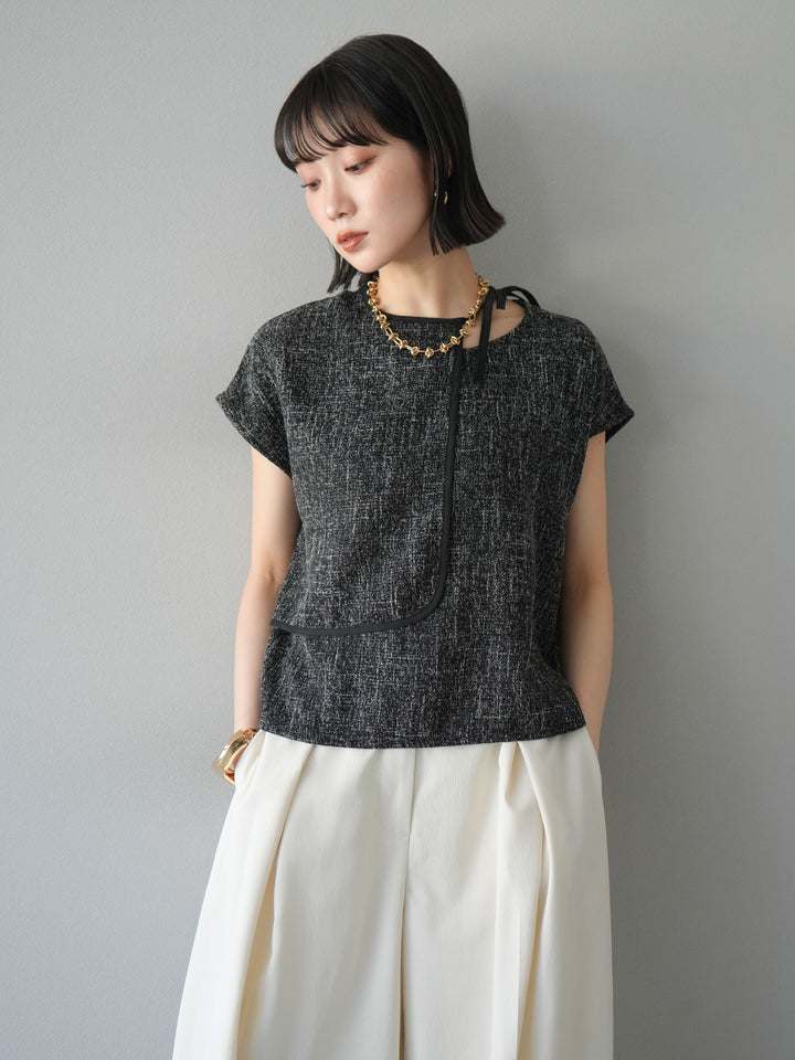 [SET]サマーツイードケープデザインプルオーバー+クレープシフォンタックワイドパンツ(2set)