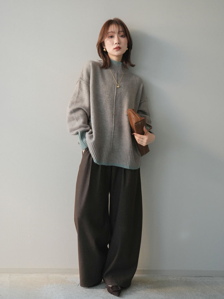 [SET]配色ハイネックニットプルオーバー+アニマル柄ベルト付きウールタッチワイドパンツ(2set)
