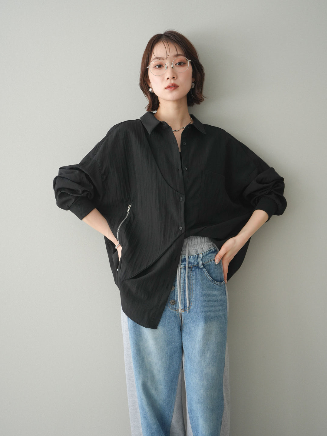 [予約]リブカフスアシンメトリーZIPデザインオーバーシャツ/black