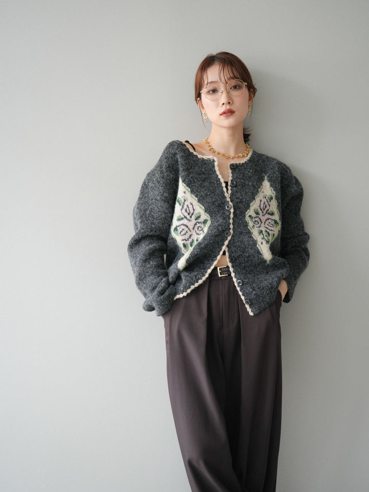 [予約]アンティークフラワージャガードニットカーディガン/charcoal