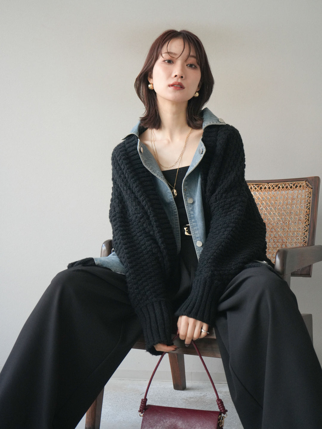 [SET]デニム襟レイヤードニットジャケット+デニム襟レイヤードニットジャケット(2set)