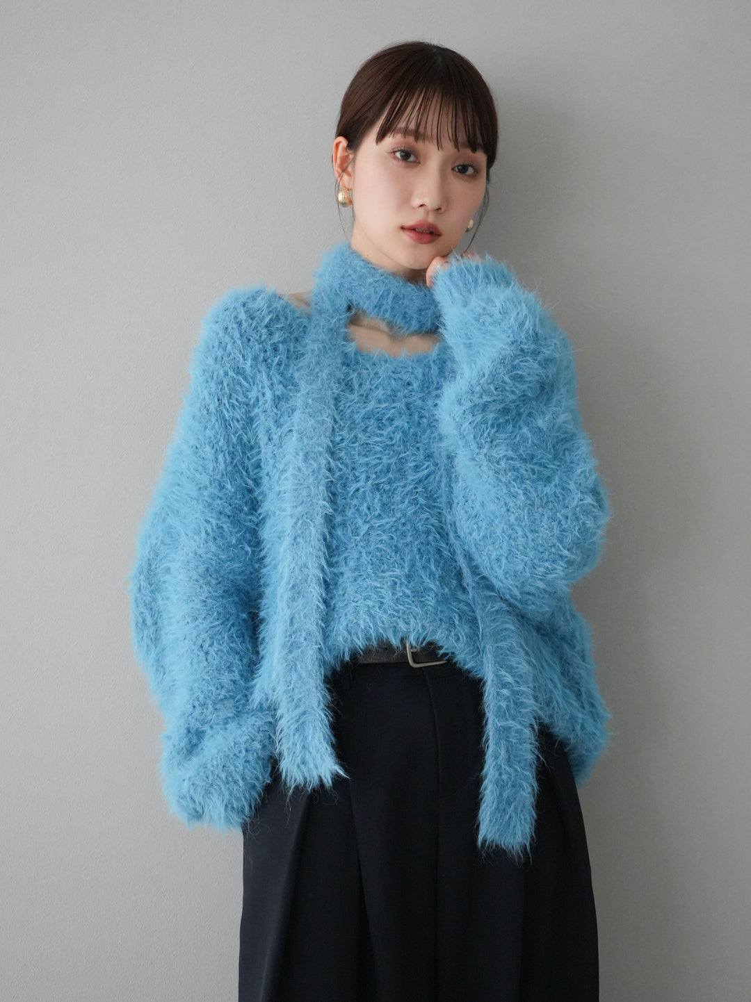 [預訂] 混紡毛絨針織披肩/藍色