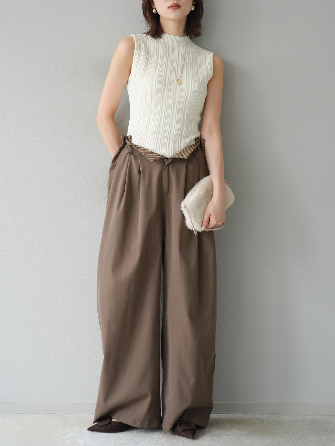 [予約]スリーブレスランダムリブニットトップス/アイボリー