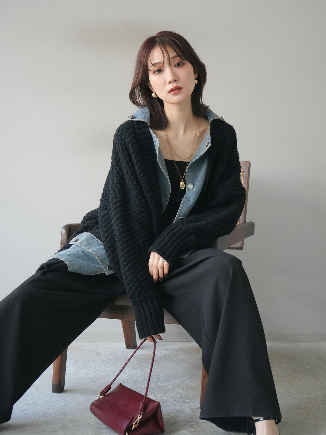 [SET]デニム襟レイヤードニットジャケット+ベルトループデザインワイドパンツ(2set)