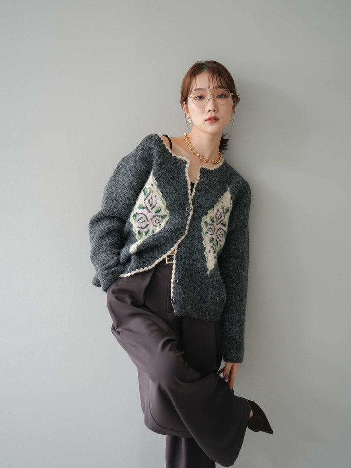 [予約]アンティークフラワージャガードニットカーディガン/charcoal