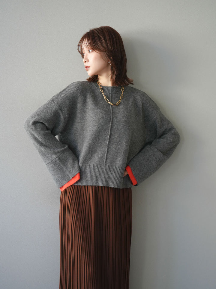 [SET]袖レイヤード配色ニットプルオーバー+プリーツIラインスカート(2set)