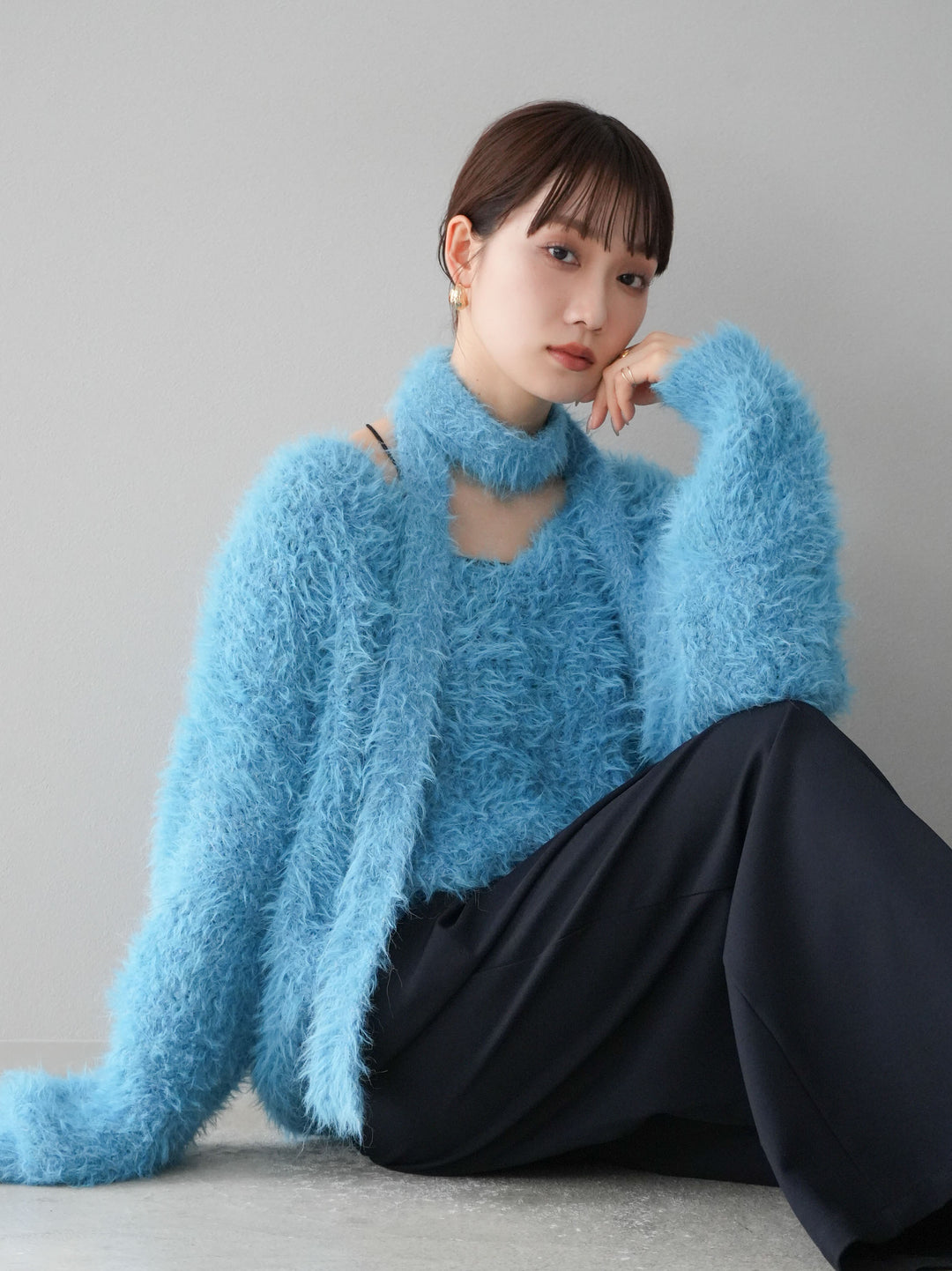 [預訂] 混紡毛絨針織披肩/藍色