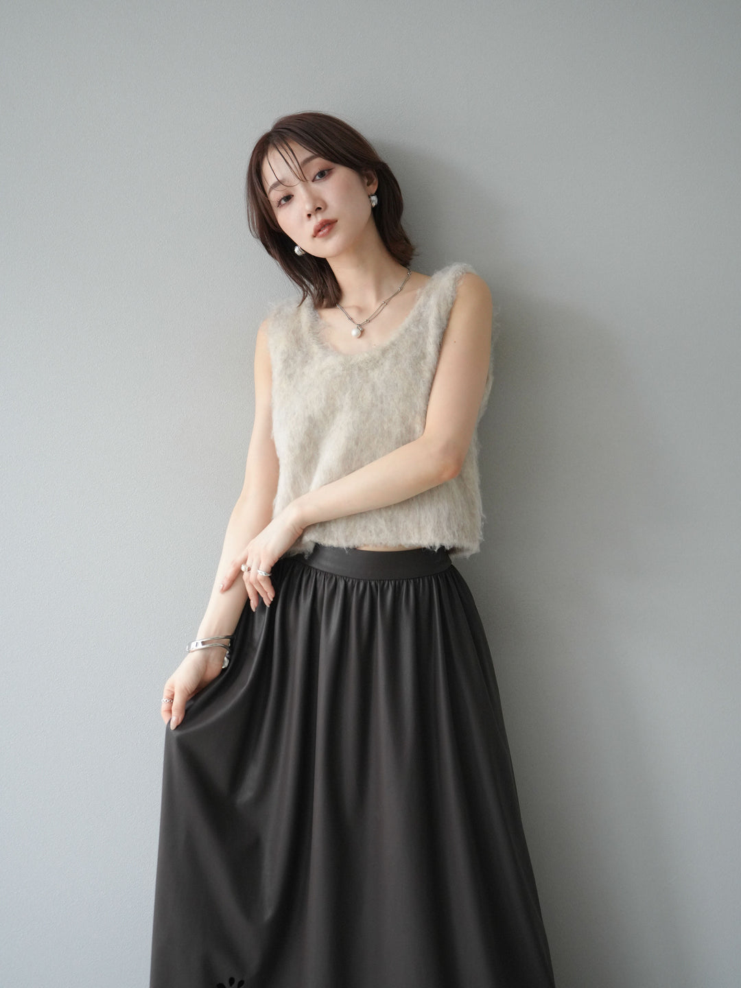 [予約]ミックスシャギーUネックベスト/エクリュ