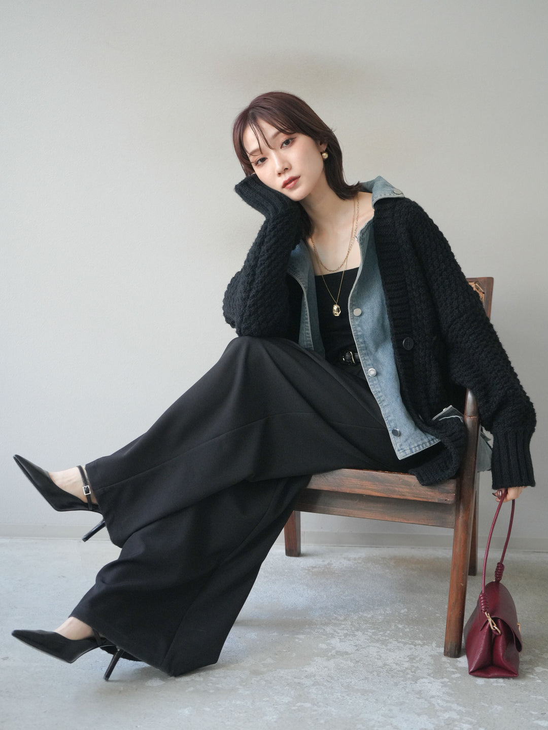 [SET]デニム襟レイヤードニットジャケット+デニム襟レイヤードニットジャケット(2set)