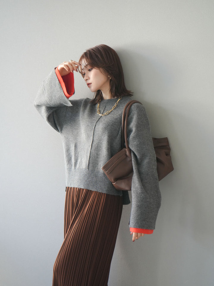 [予約]袖レイヤード配色ニットプルオーバー/charcoal