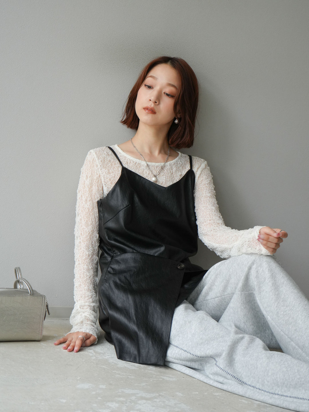 [予約]レイヤードレザーキャミソールチュニック/ブラック