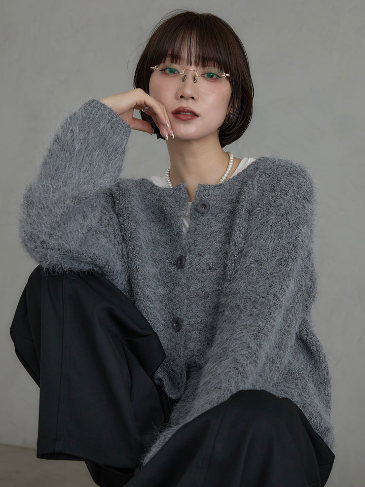 [預購] 毛圈毛邊針織開襟衫 / 灰色