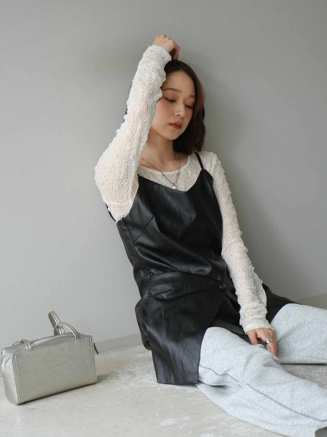 [予約]レイヤードレザーキャミソールチュニック/ブラック