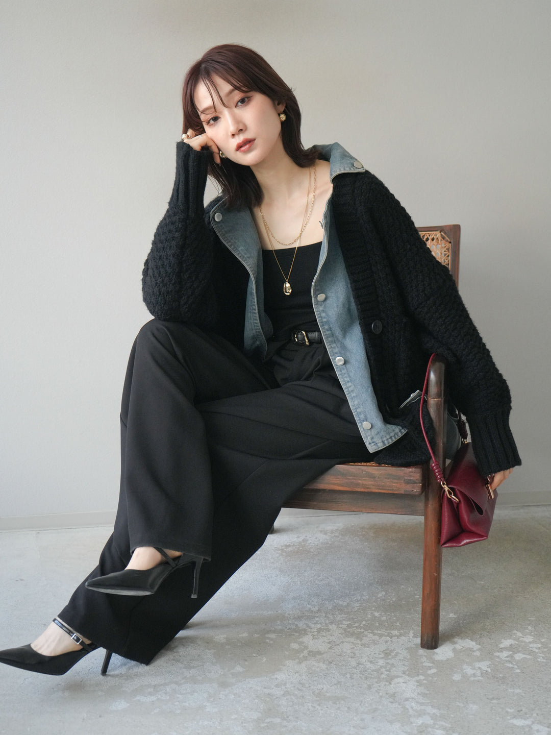 [SET]デニム襟レイヤードニットジャケット+デニム襟レイヤードニットジャケット(2set)