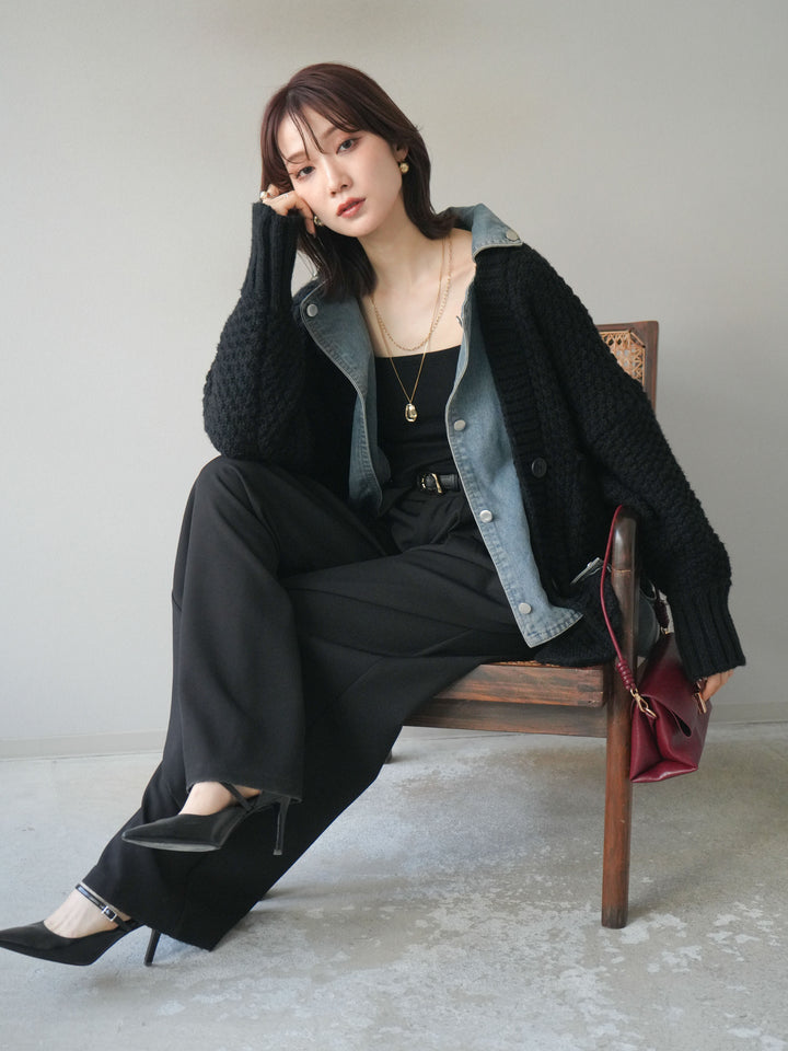 [予約]デニム襟レイヤードニットジャケット/black