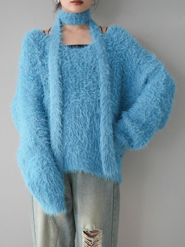 [預訂] 混紡毛絨針織披肩/藍色