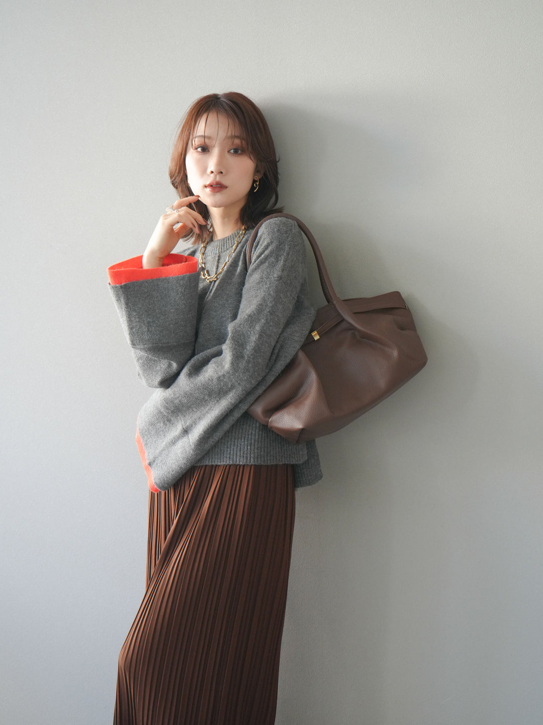 [SET]袖レイヤード配色ニットプルオーバー+プリーツIラインスカート(2set)