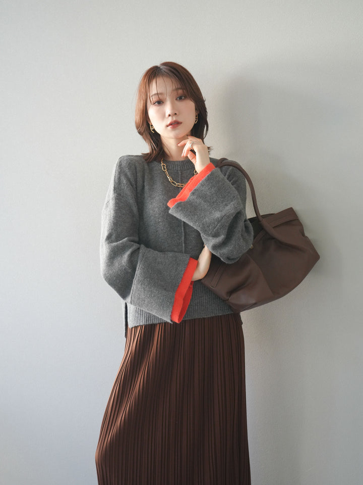 [予約]袖レイヤード配色ニットプルオーバー/charcoal