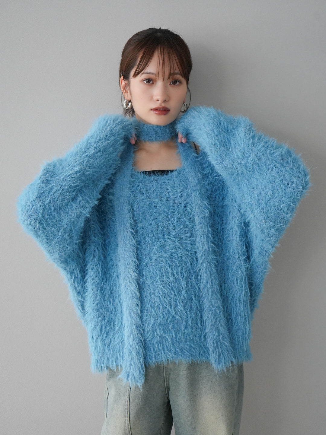 [預訂] 混紡毛絨針織披肩/藍色