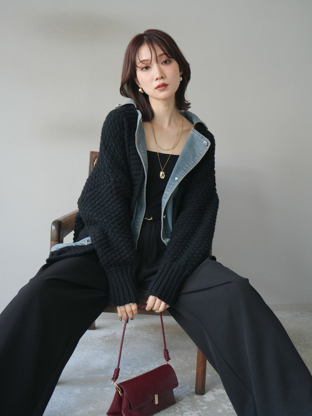 [予約]デニム襟レイヤードニットジャケット/black