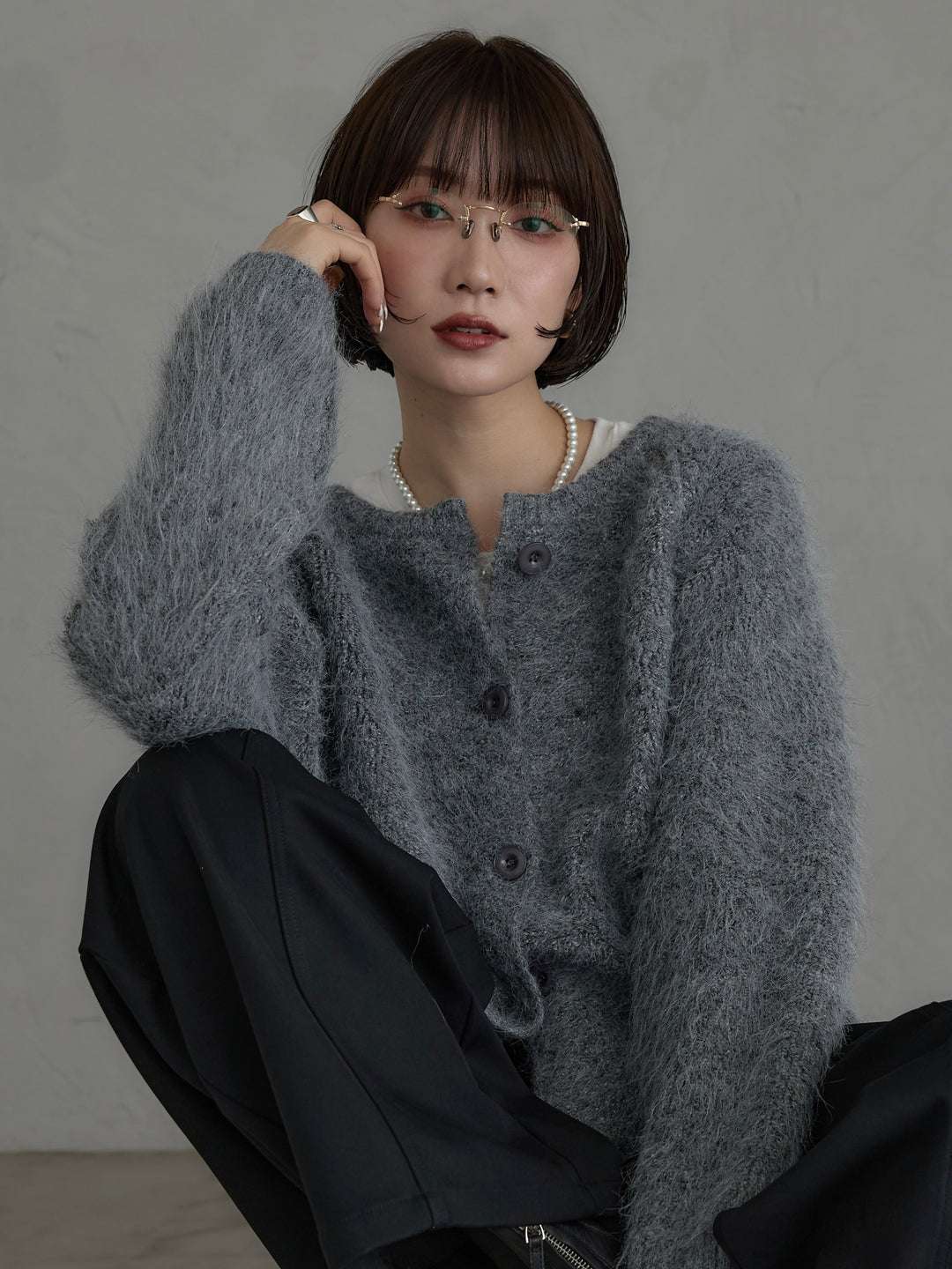 [預購] 毛圈毛邊針織開襟衫 / 灰色