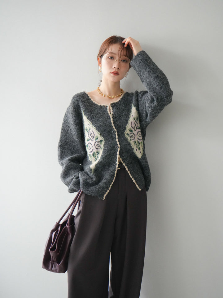 [予約]アンティークフラワージャガードニットカーディガン/charcoal