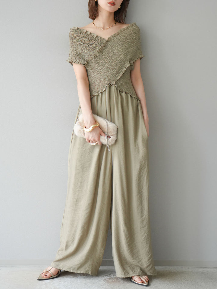 [予約]シャーリングクロスサロペット/グレージュ