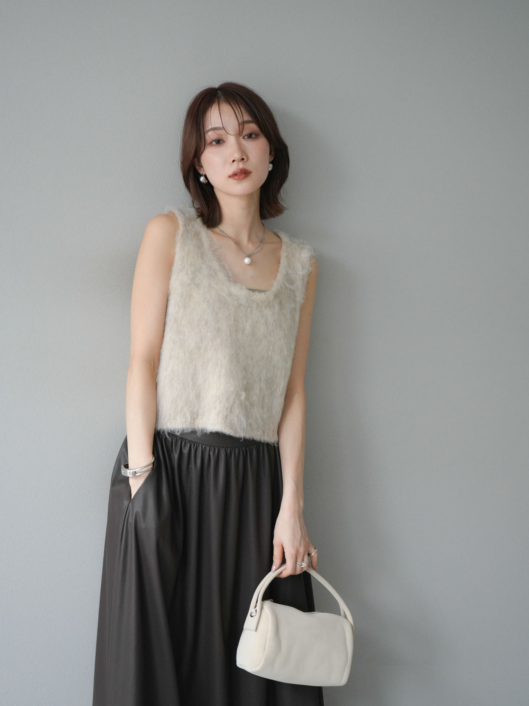 [予約]ミックスシャギーUネックベスト/エクリュ