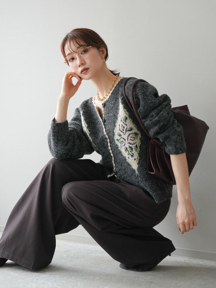 [予約]アンティークフラワージャガードニットカーディガン/charcoal