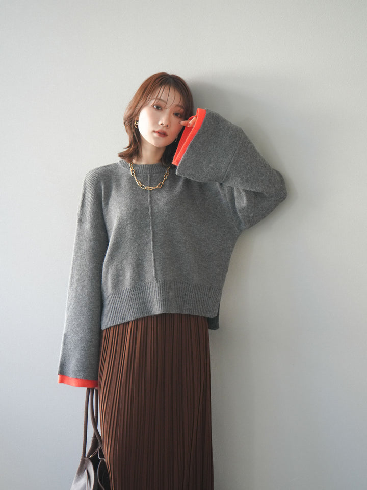 [SET]袖レイヤード配色ニットプルオーバー+プリーツIラインスカート(2set)