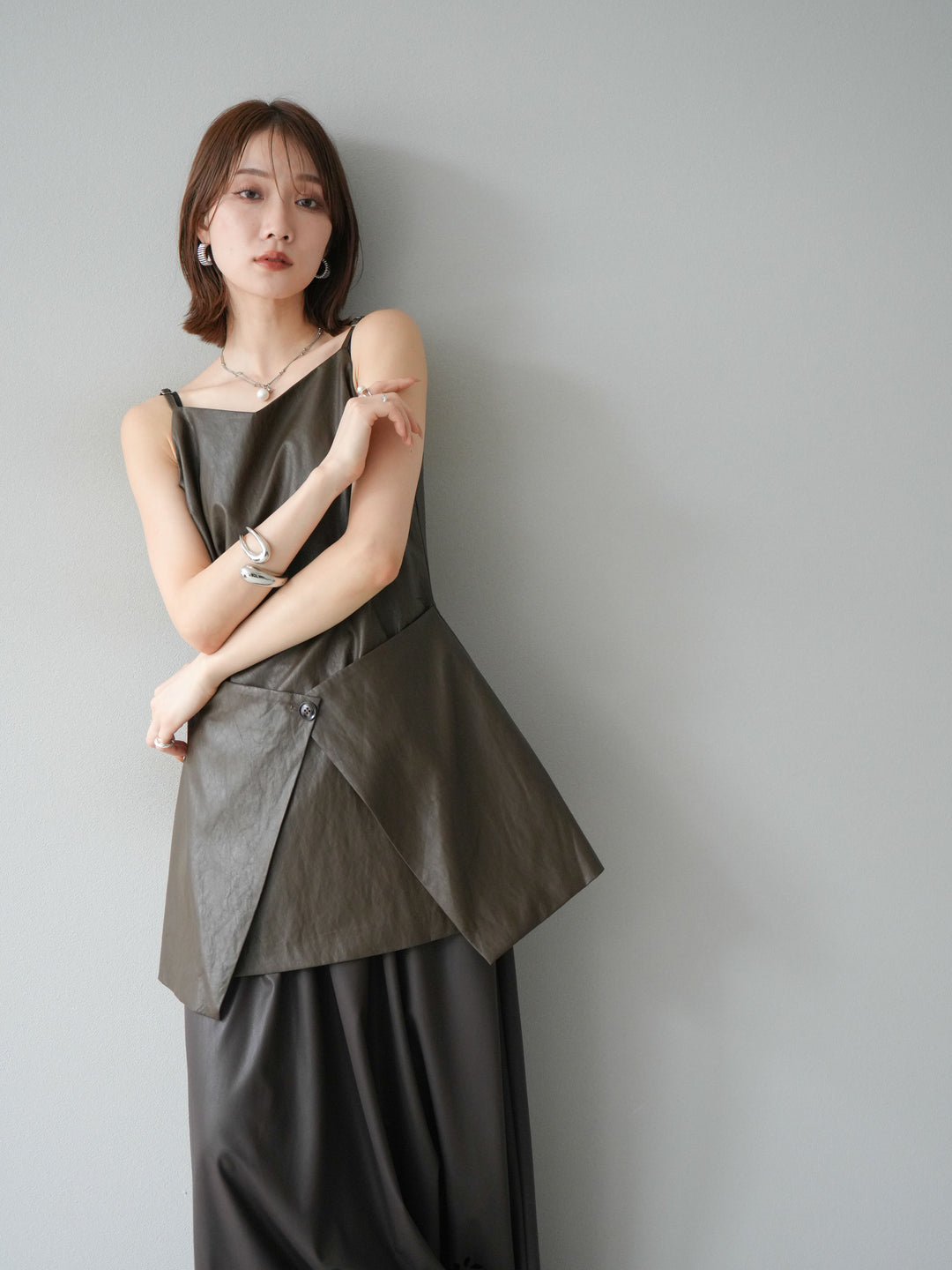 [予約]レイヤードレザーキャミソールチュニック/ブラウン