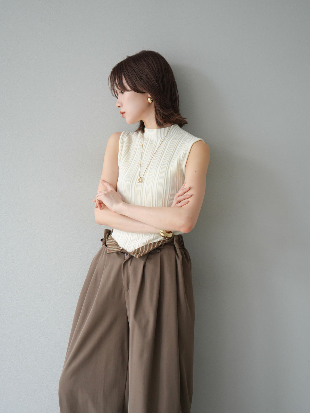 [予約]スリーブレスランダムリブニットトップス/アイボリー