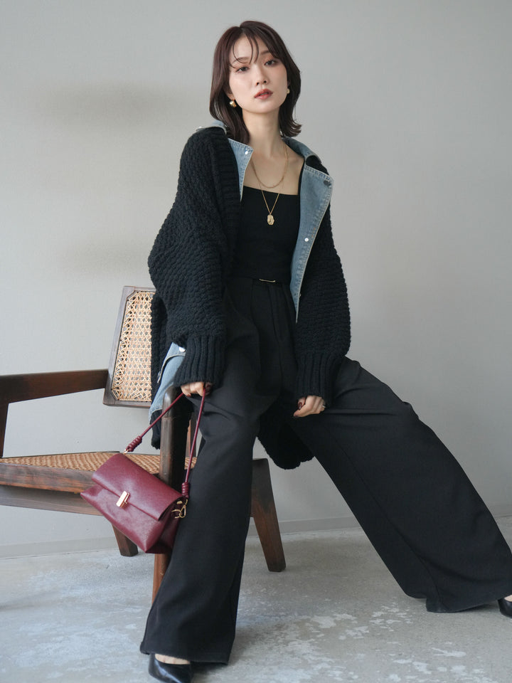 [SET]デニム襟レイヤードニットジャケット+ベルトループデザインワイドパンツ(2set)